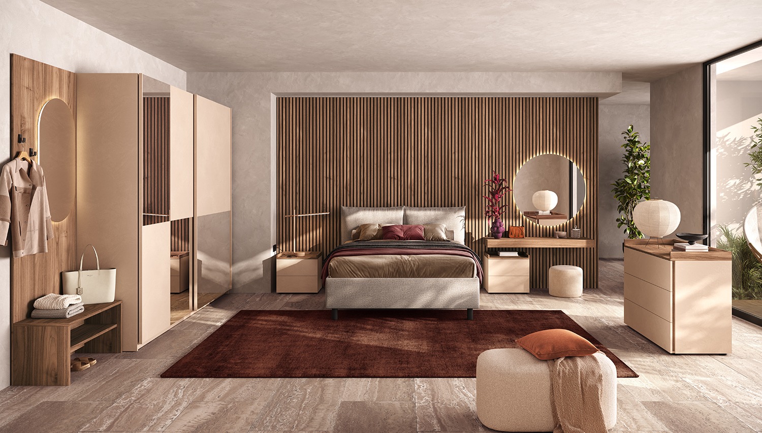 Camera matrimoniale Cashmere e Noce caramello, letto imbottito