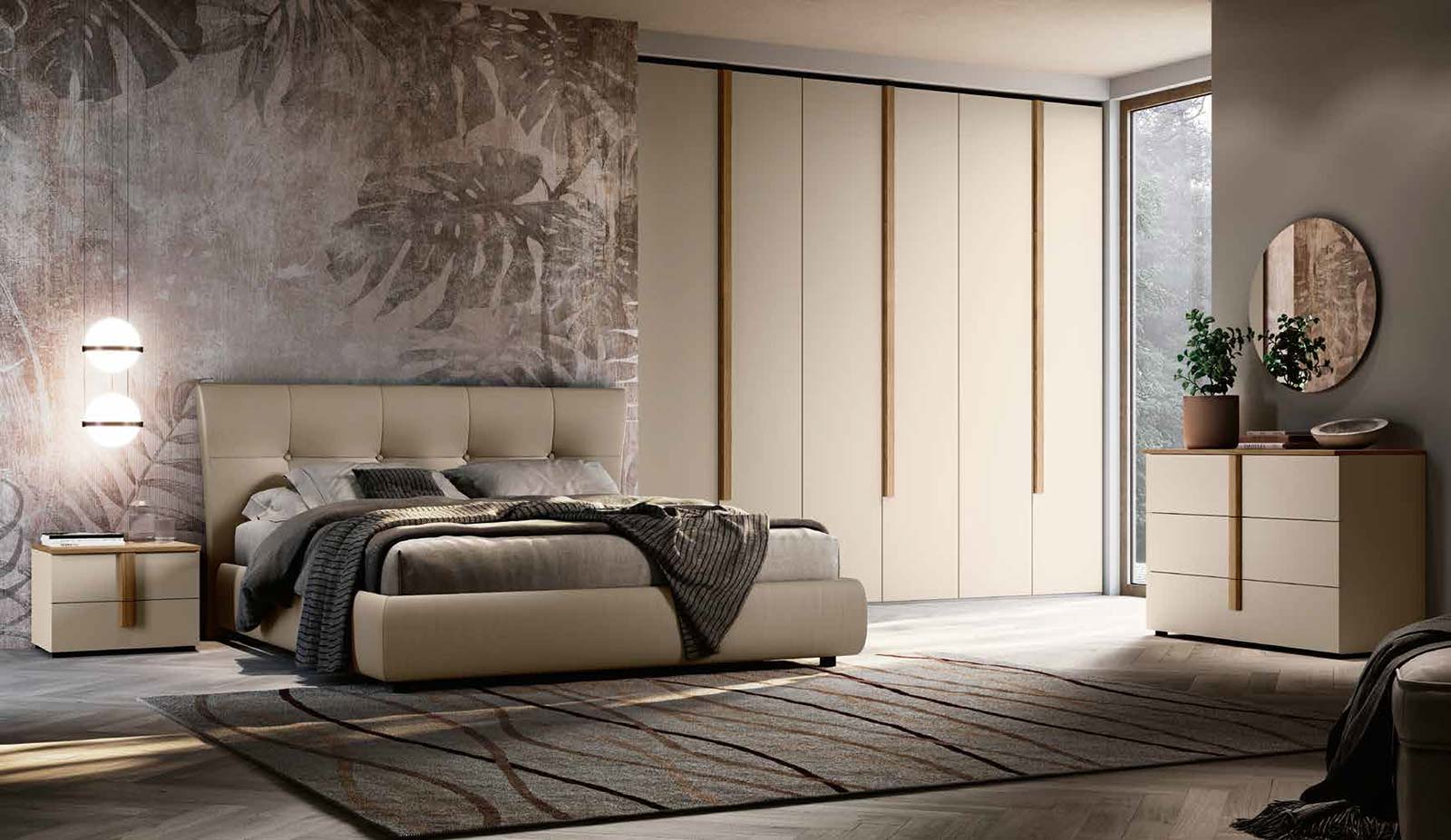 Camera con armadio battente e letto contenitore, Orzo e Noce biondo