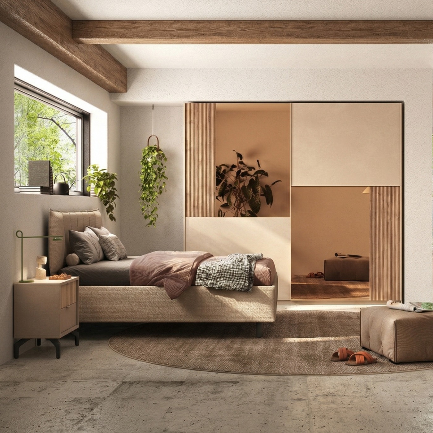 Camera matrimoniale con armadio scorrevole, letto imbottito e comodini