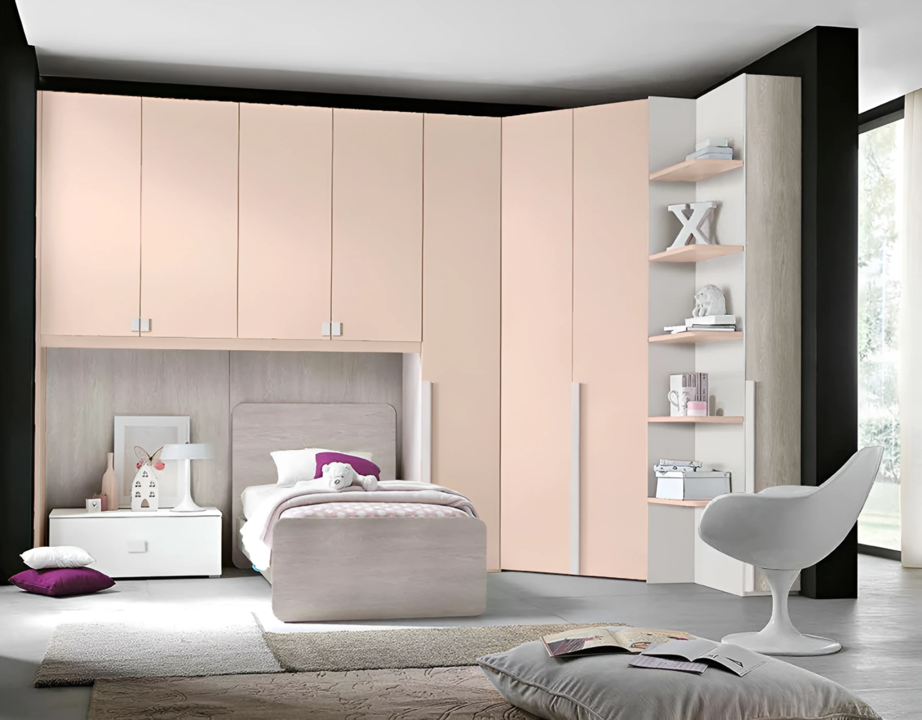 Camerette bambina, camera a ponte con cabina in Peonia, Gessato cenere e Bianco frassino