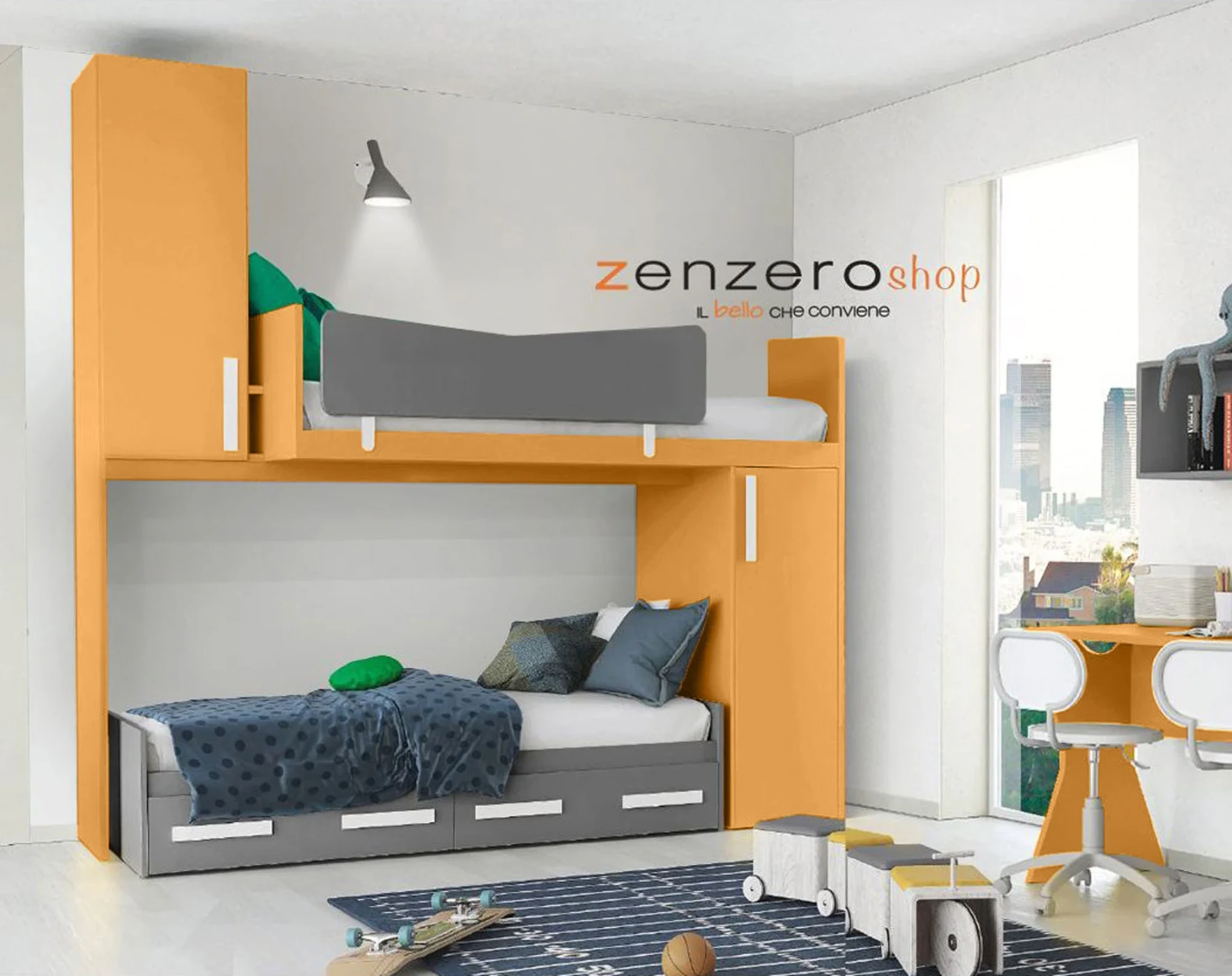 Cameretta Helga per ragazzi in finitura Miele e Grigio Titanio