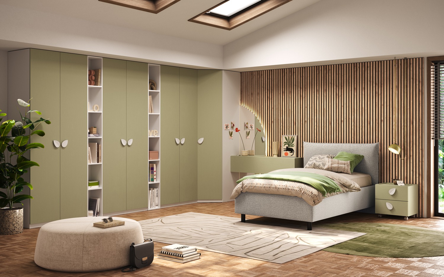 Cameretta ragazzi con letto contenitore bouclè Avorio, Pistacchio e Bianco opaco