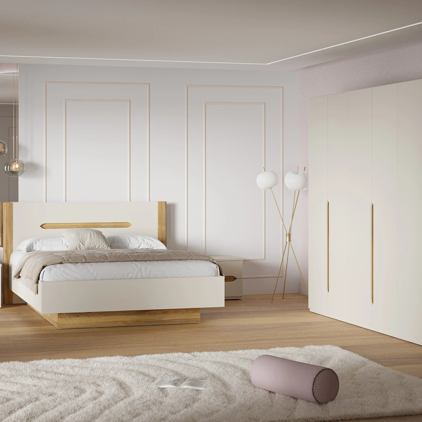 Camera completa di armadio, letto, comò e comodini in finitura Sabbia e Rovere Mauvella