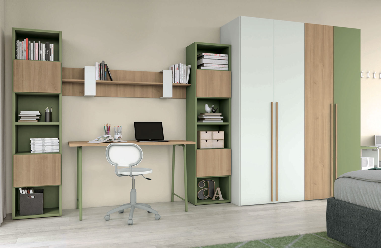 Camera con un letto singolo e armadio in finitura Bianco opaco, Royal Oak e oliva