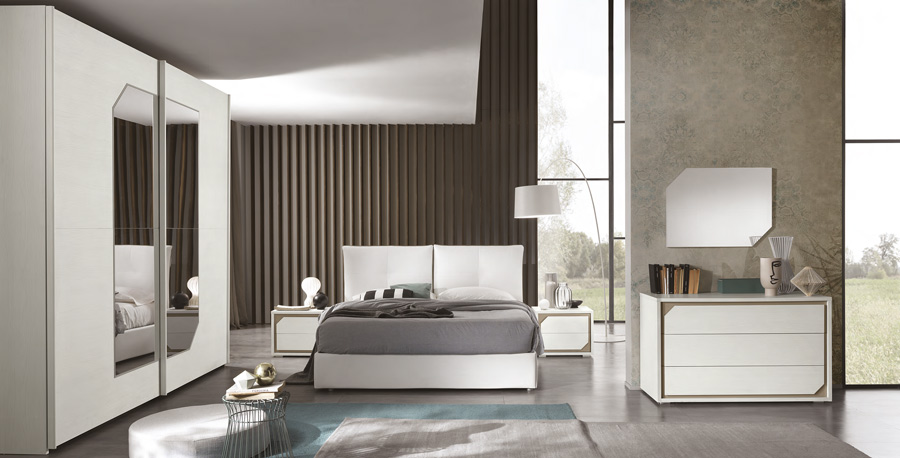 Camera da letto completa, finitura Olmo Bianco con dettagli Visone