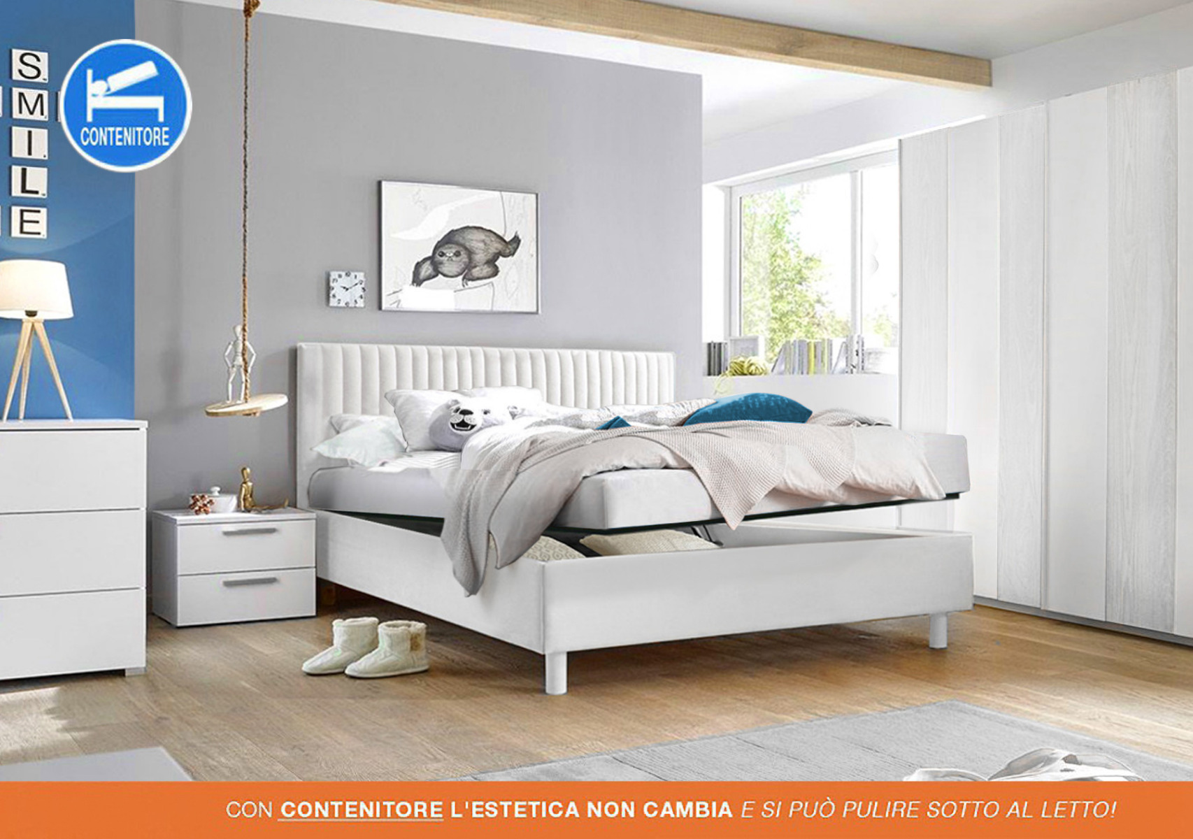 Letto matrimoniale Vertigo in ecopelle bianca CON CONTENITORE, testata a righe