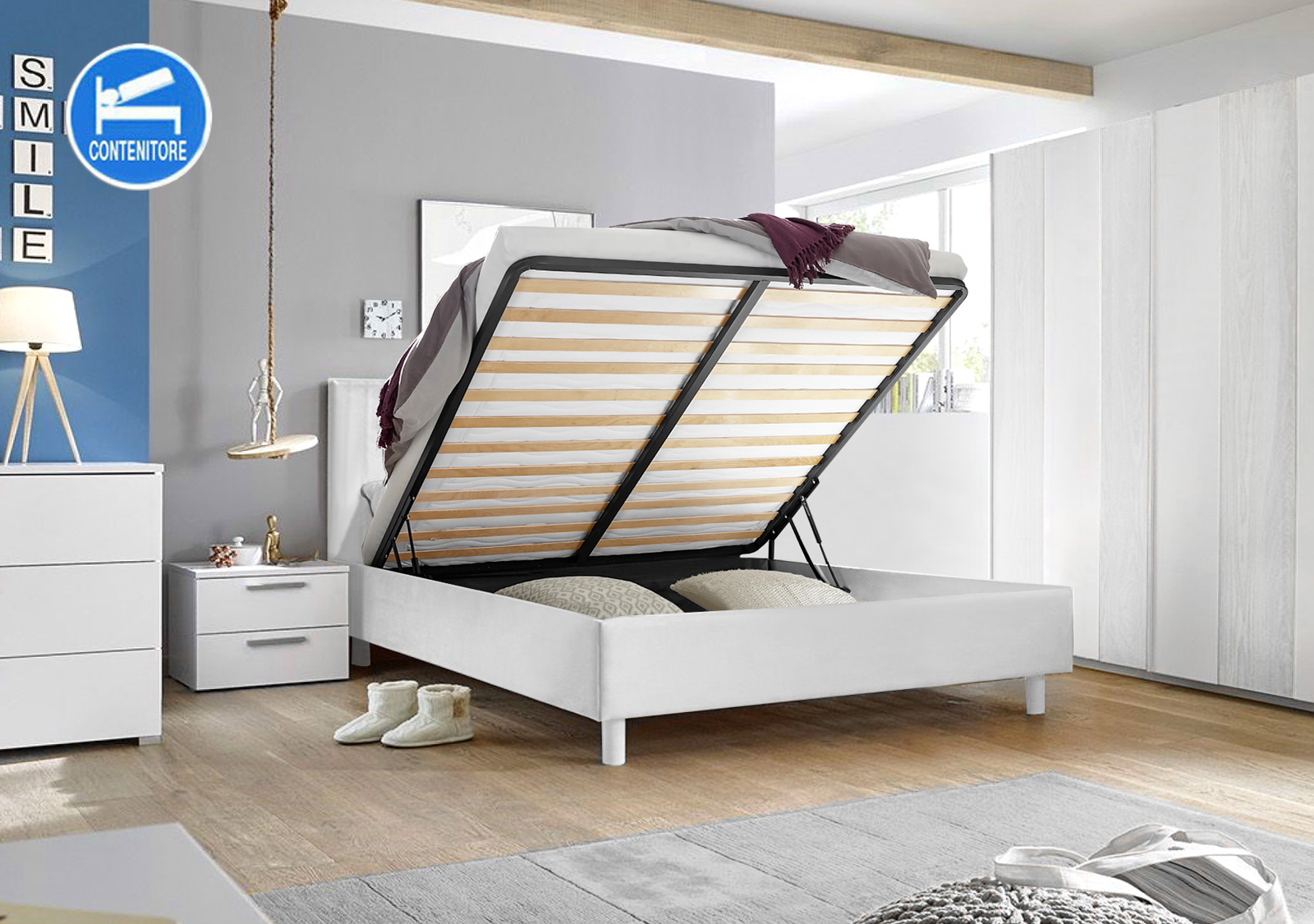 Letto matrimoniale Vertigo in ecopelle bianca CON CONTENITORE, testata a righe