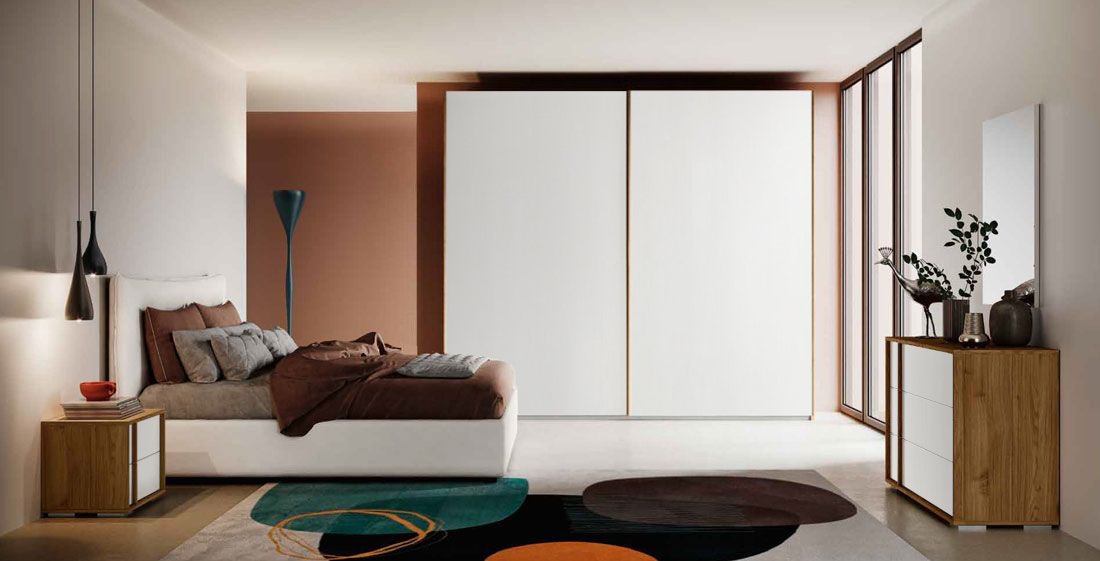 Camera matrimoniale Levante completa, finitura Bianco nobilitato opaco e Noce Biondo