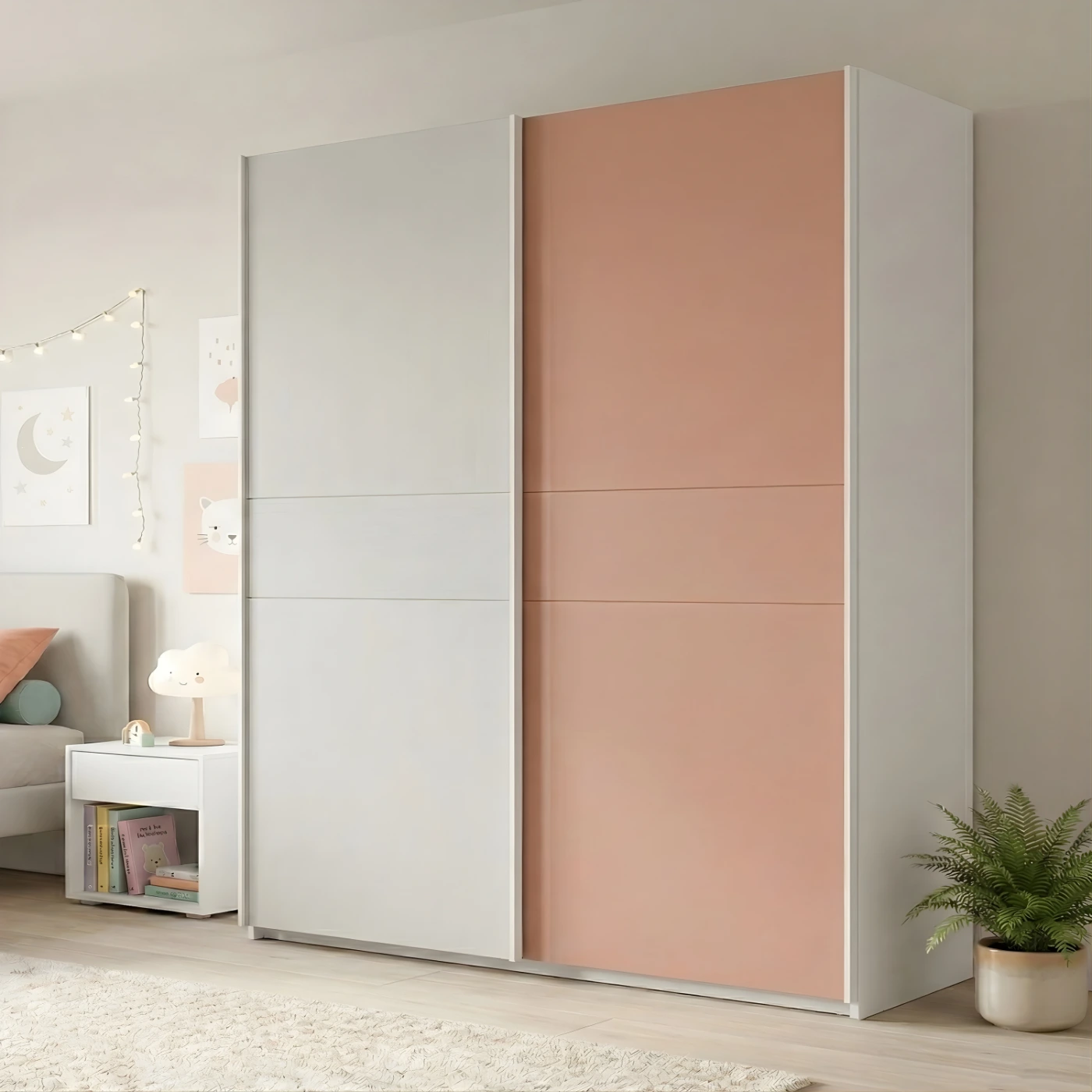 Armadio 2 ante scorrevoli, Gesso, Flamingo e Bianco opaco, L.220