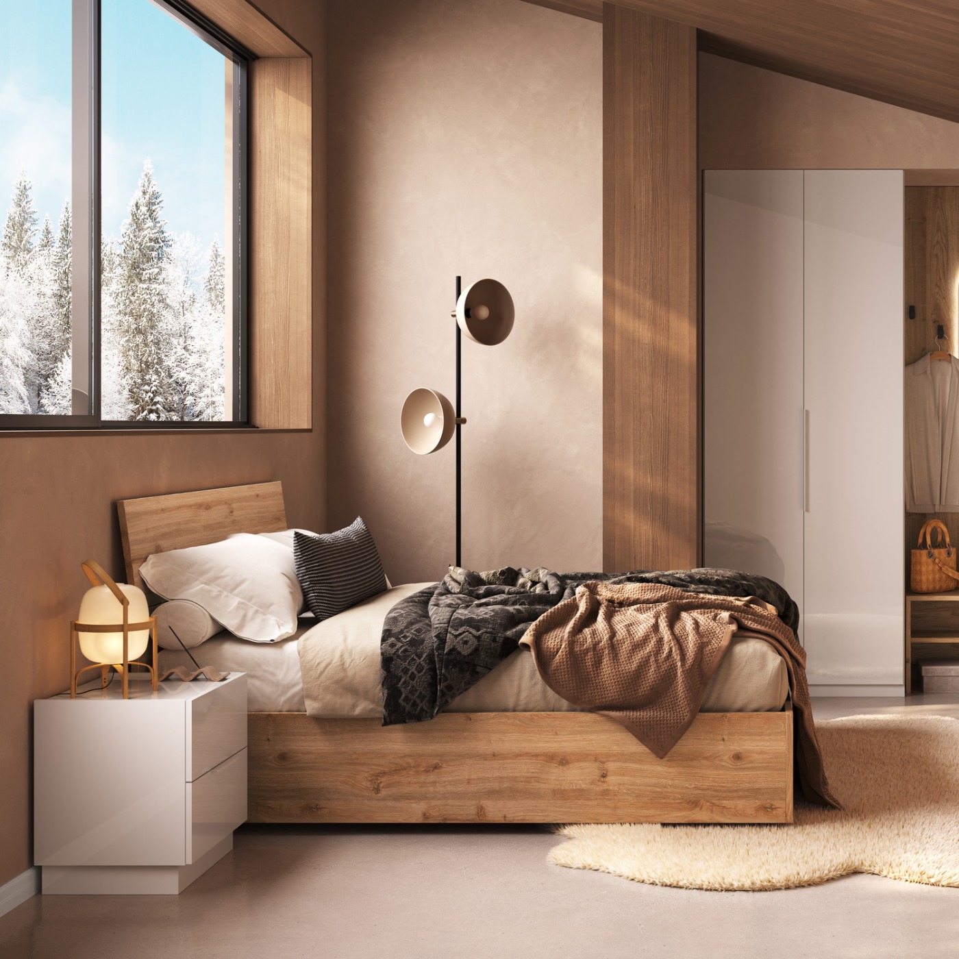 Camera matrimoniale armadio 2 ante, comodini e letto, Bianco lucido e Cadiz