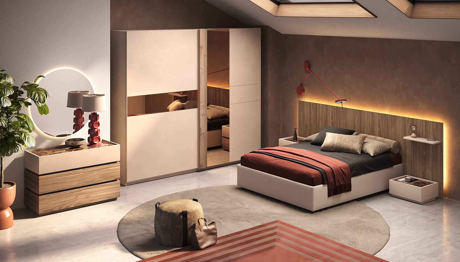 Camera matrimoniale Cashmere e Noce caramello, testiera cannettata