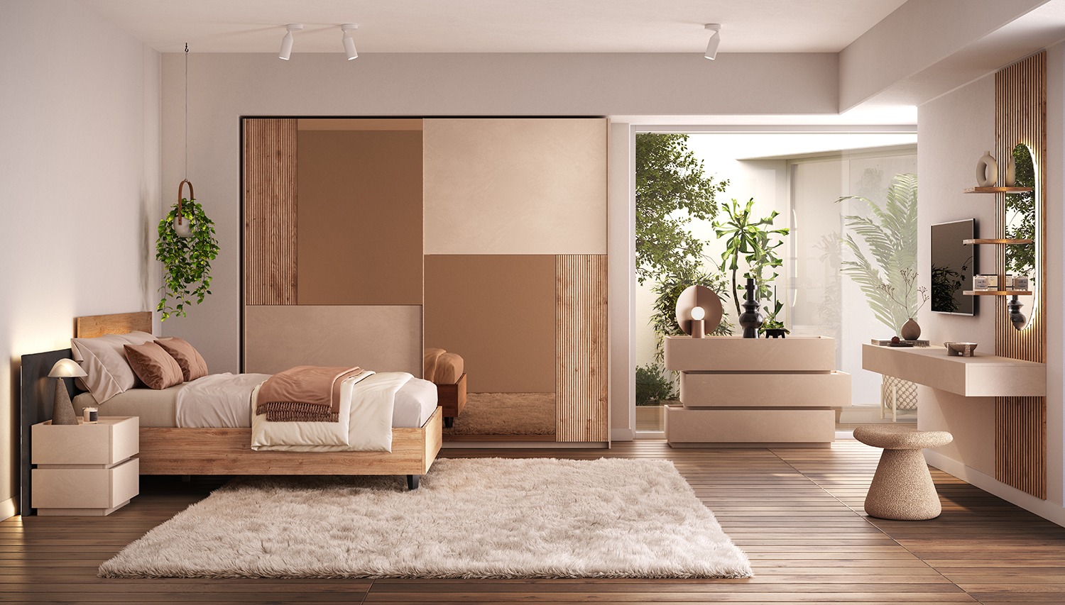 Camera matrimoniale con armadio scorrevole, letto e comodini, Cadiz e Cashmere