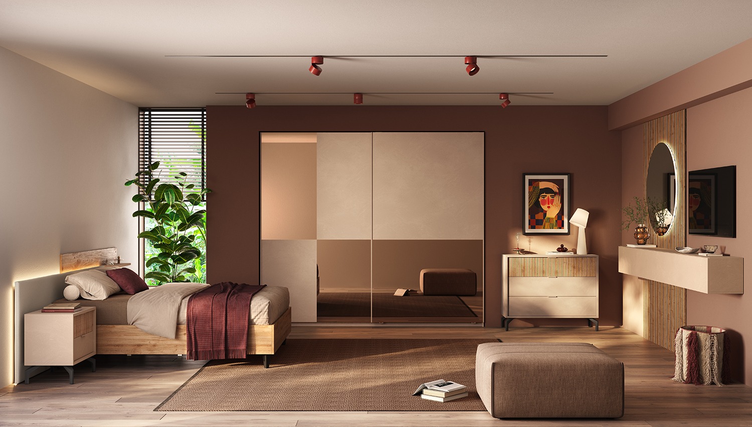 Camera con armadio scorrevole, letto e comodini, Cashmere e Cadiz