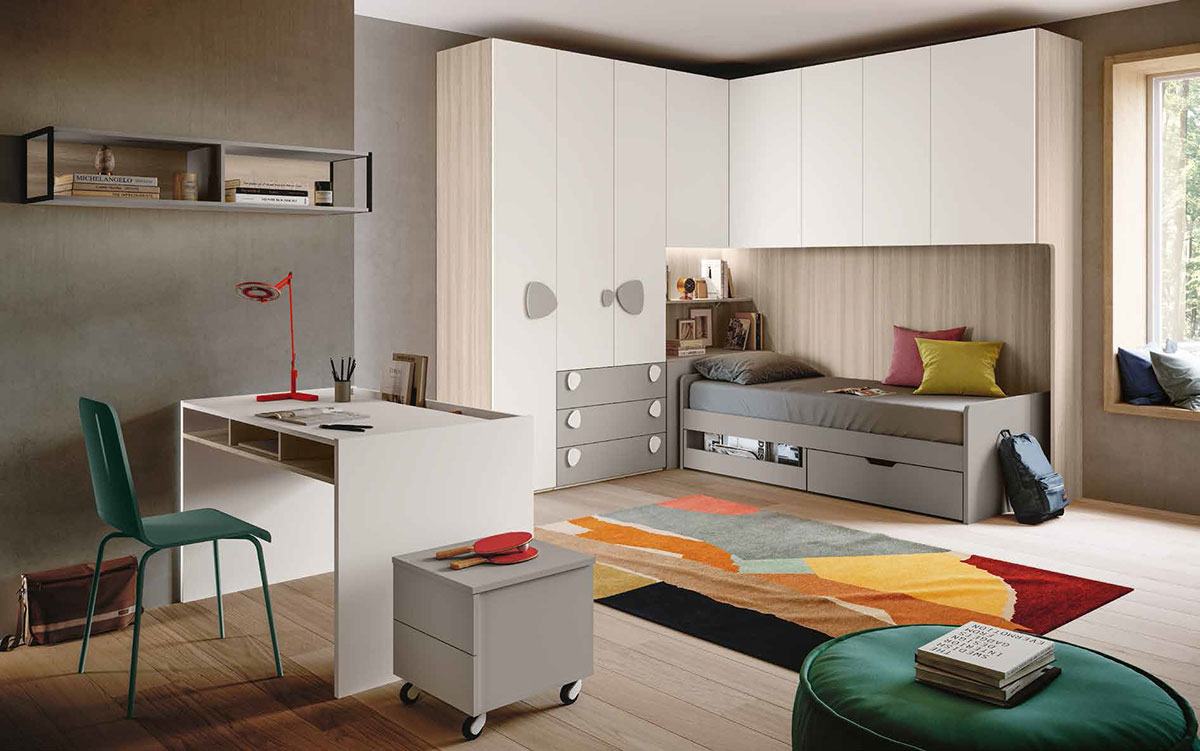 Cameretta con ponte per bambini, finitura Bianco, Grigio seta e Olmo natura