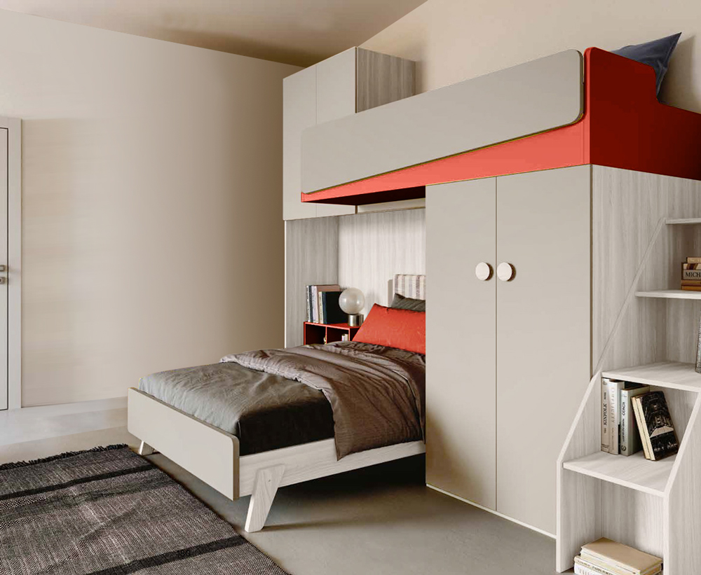 Cameretta soppalco con letto 1 piazza e mezza, finitura Bianco altea e Corallo