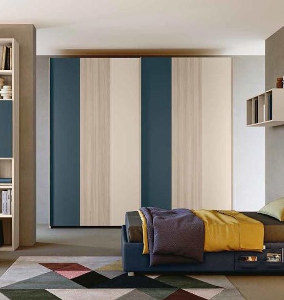 Armadio 2 ante scorrevole, finitura Petrolio, Orzo e Olmo natura