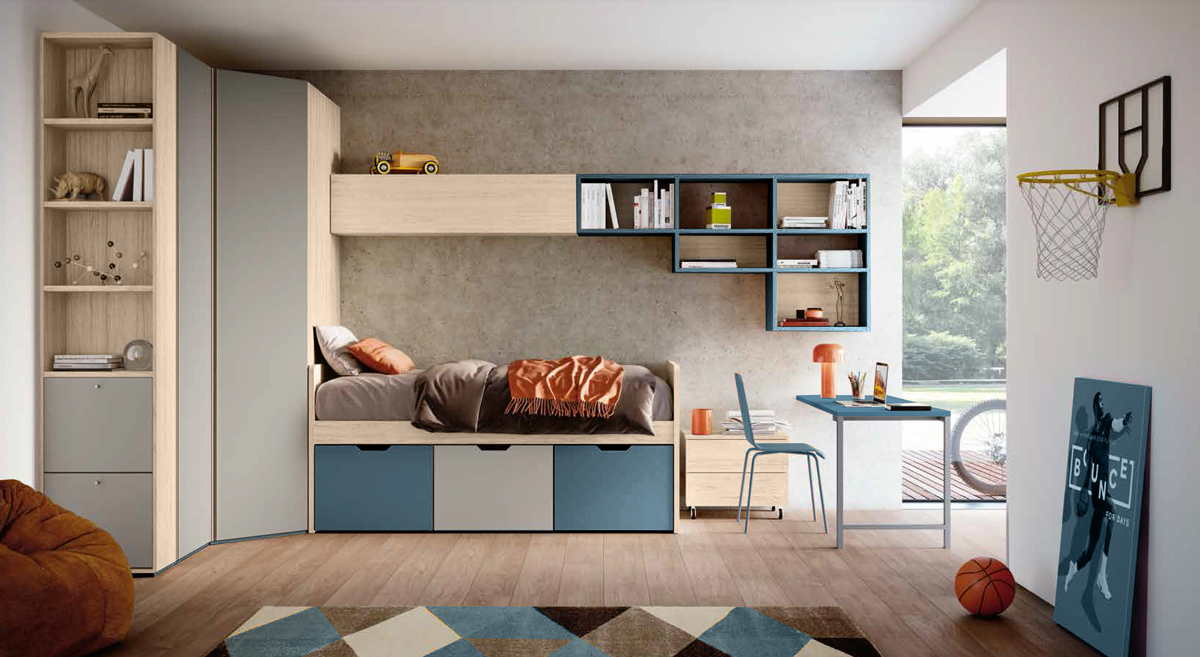Cameretta con armadio angolare in finitura Olmo natura, Petrolio e Grigio seta
