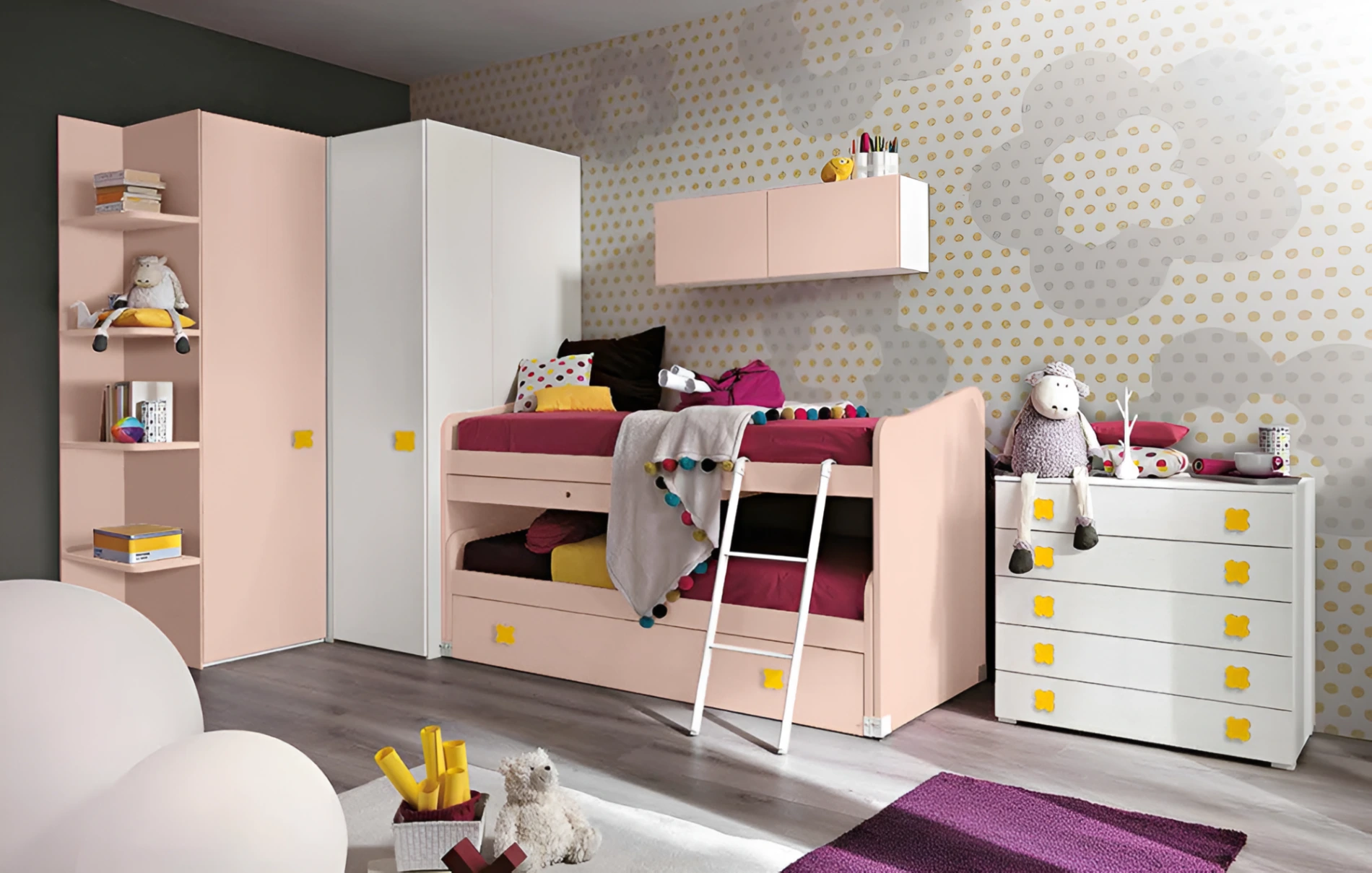 Cameretta con cabina e letto multifunzionale, finitura Bianco frassino, Peonia e Girasole Zenzero Shop