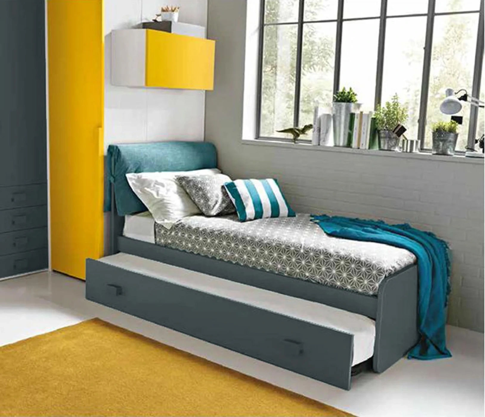 Cameretta con divano letto e armadio angolare, finitura Girasole, Blu reale e Bianco frassino Zenzero Shop