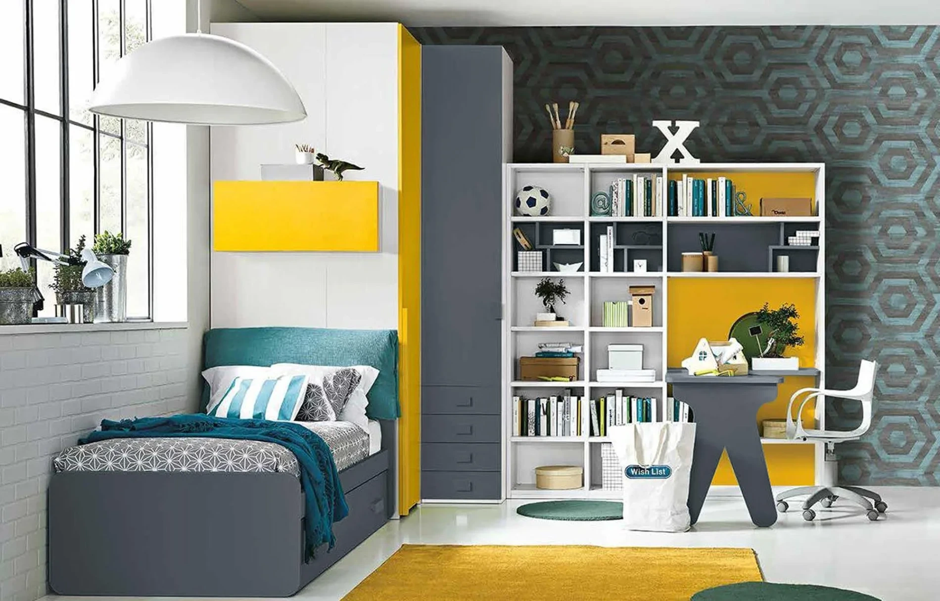 Cameretta con divano letto e armadio angolare, finitura Girasole, Blu reale e Bianco frassino Zenzero Shop