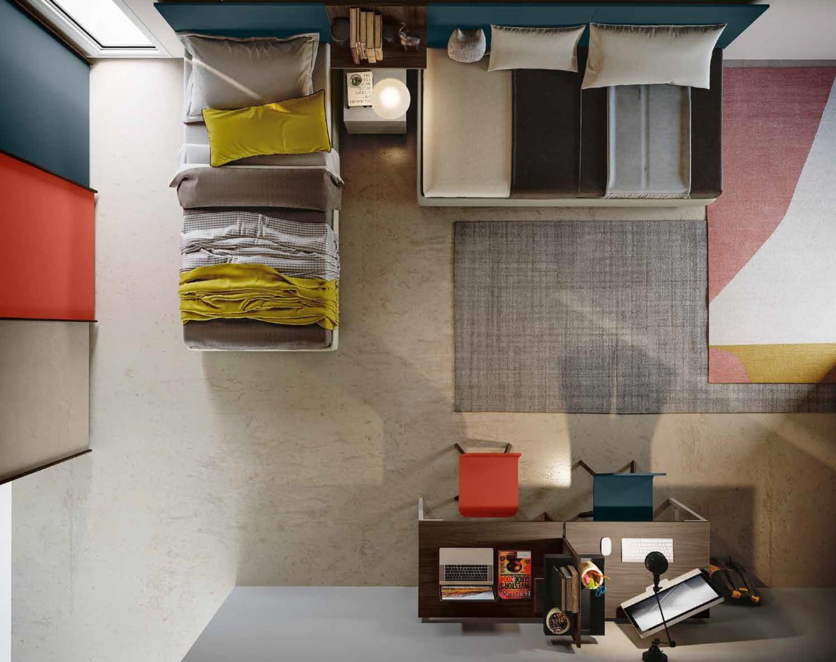Cameretta con due letti e armadio scorrevole, finitura Corallo, Petrolio e Argilla