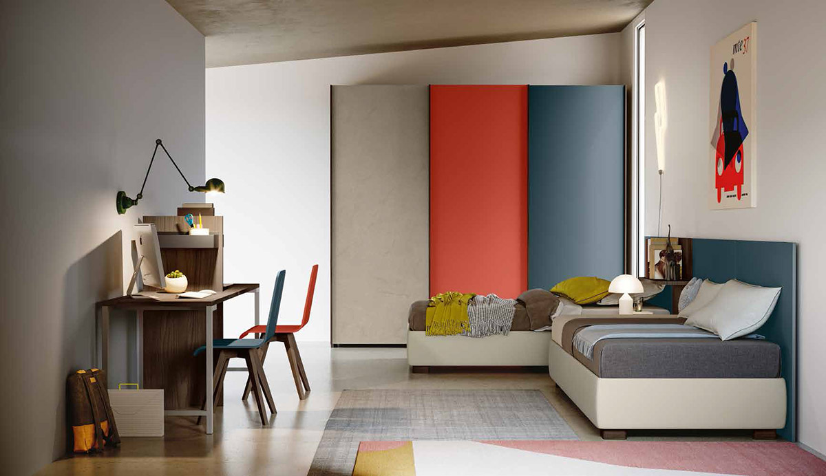 Cameretta con due letti e armadio scorrevole, finitura Corallo, Petrolio e Argilla