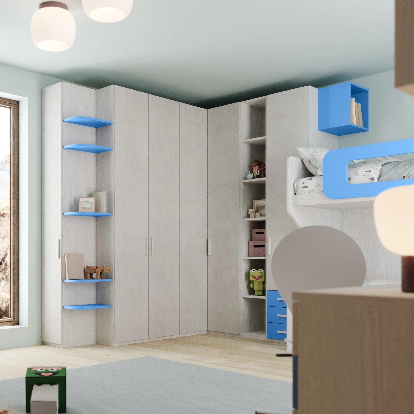 Armadio ad angolo con libreria, 175x237,  Cenere wood, Calce e Avio Zenzero Shop