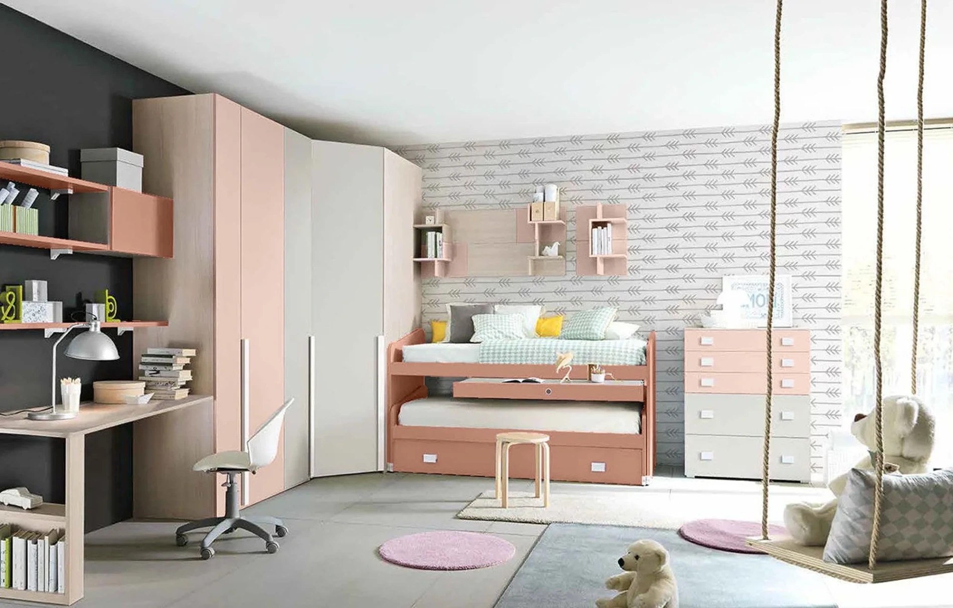 Cameretta con cabina angolare e letto multifunzionale, finitura Rovere ambra, Rosa antico, Peonia e Nebbia