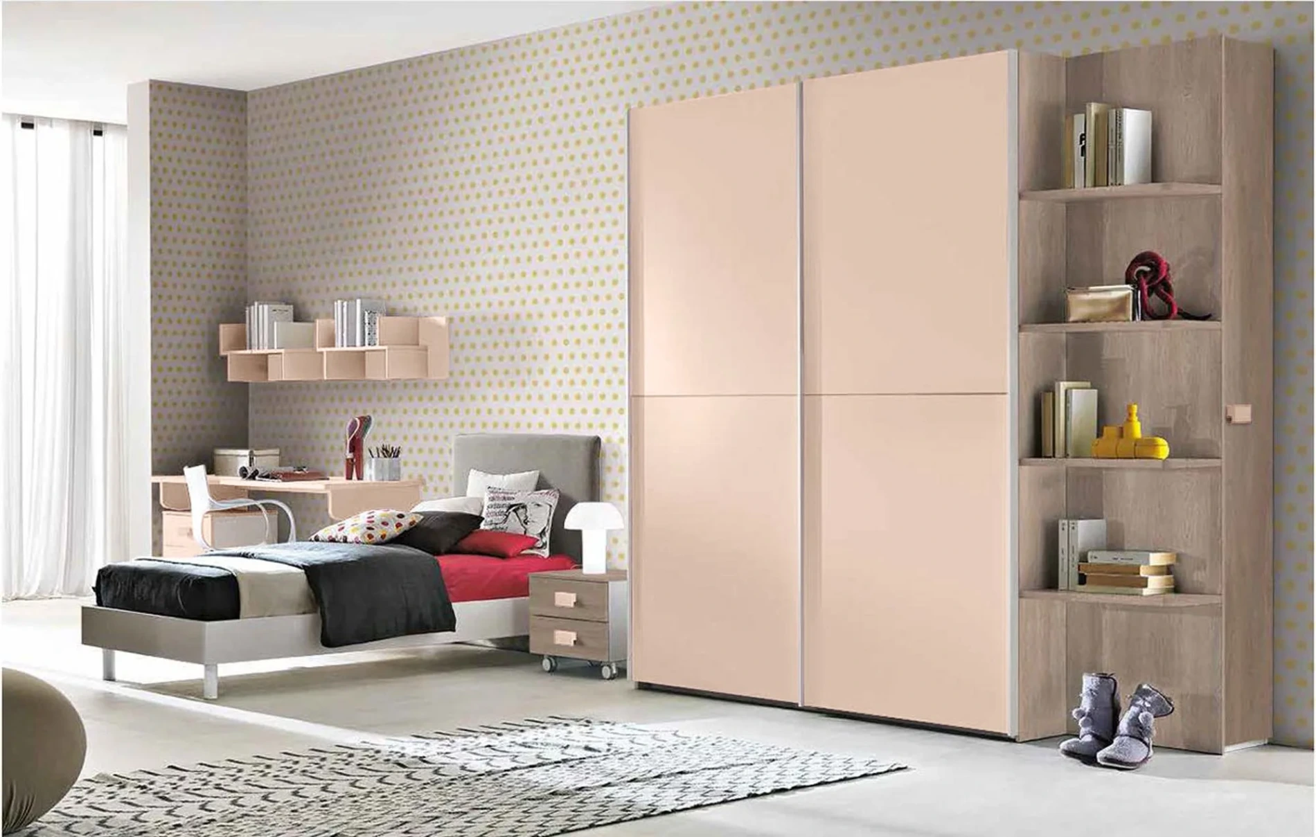 Cameretta con armadio scorrevole, finitura Bianco frassino, Gessato canapa e Peonia