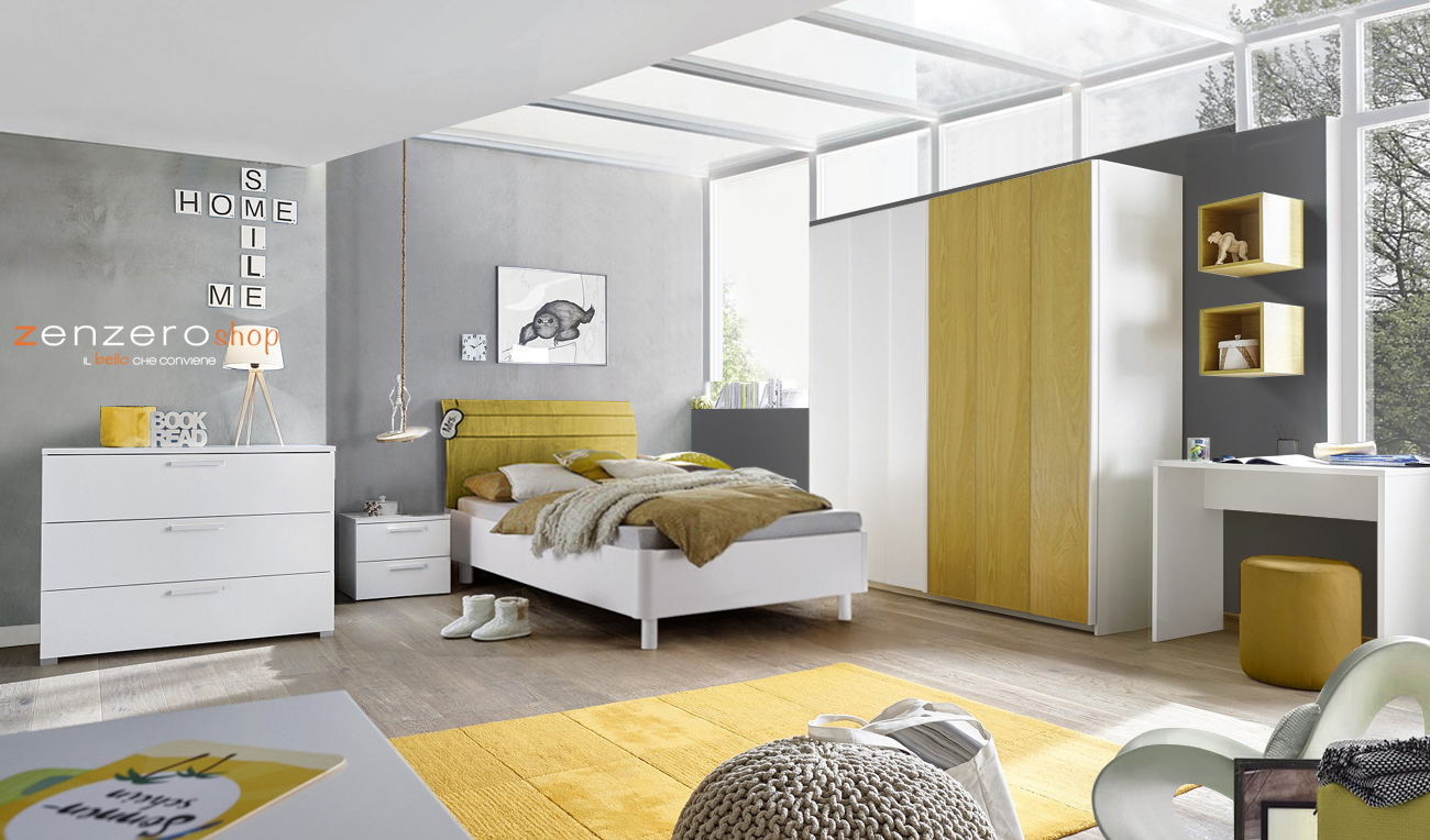 Cameretta moderna con letto like in legno e armadio vertigo GIallo e Bianco