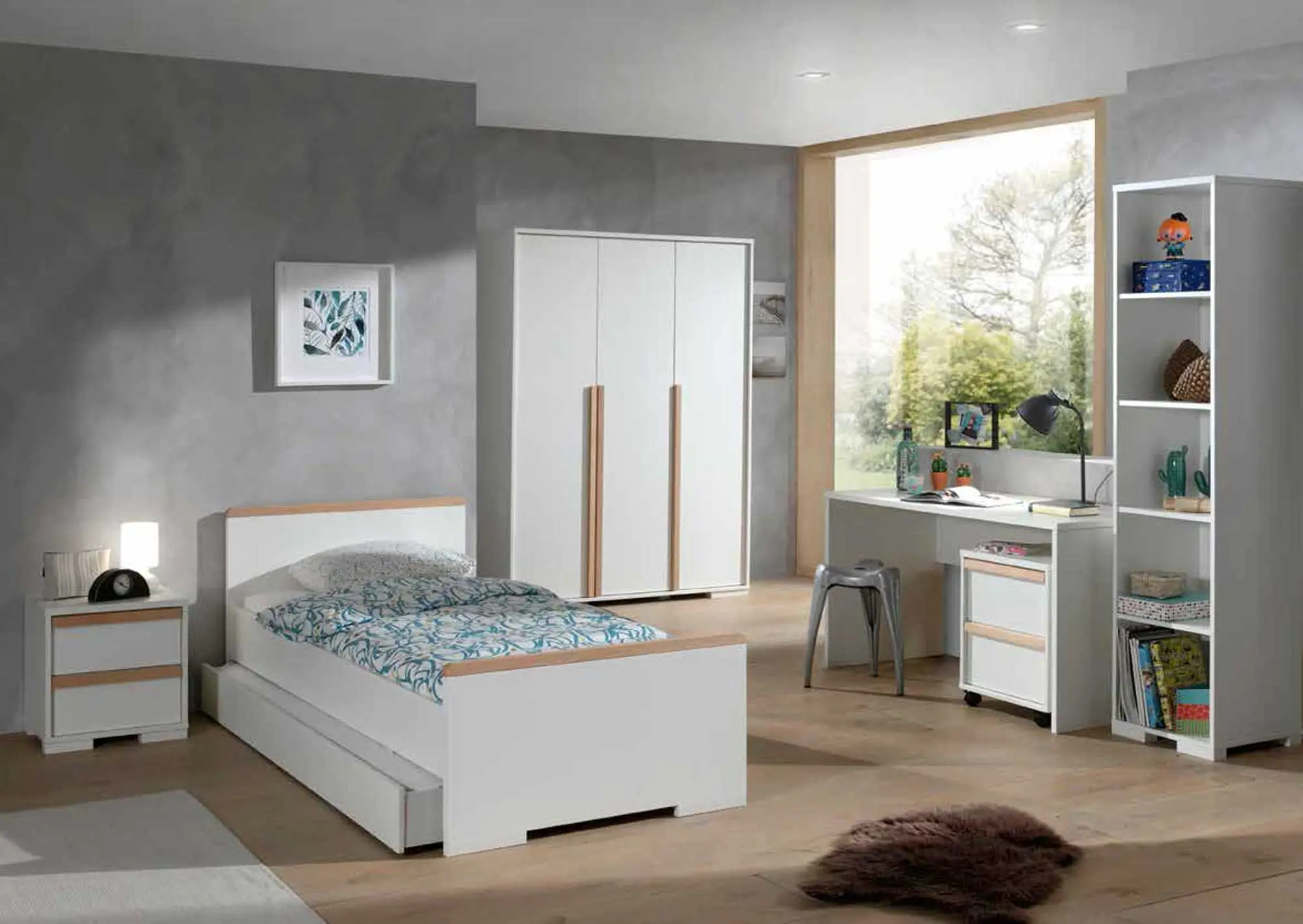 Cameretta completa con armadio 3 ante, letto e comodino pino e bianco