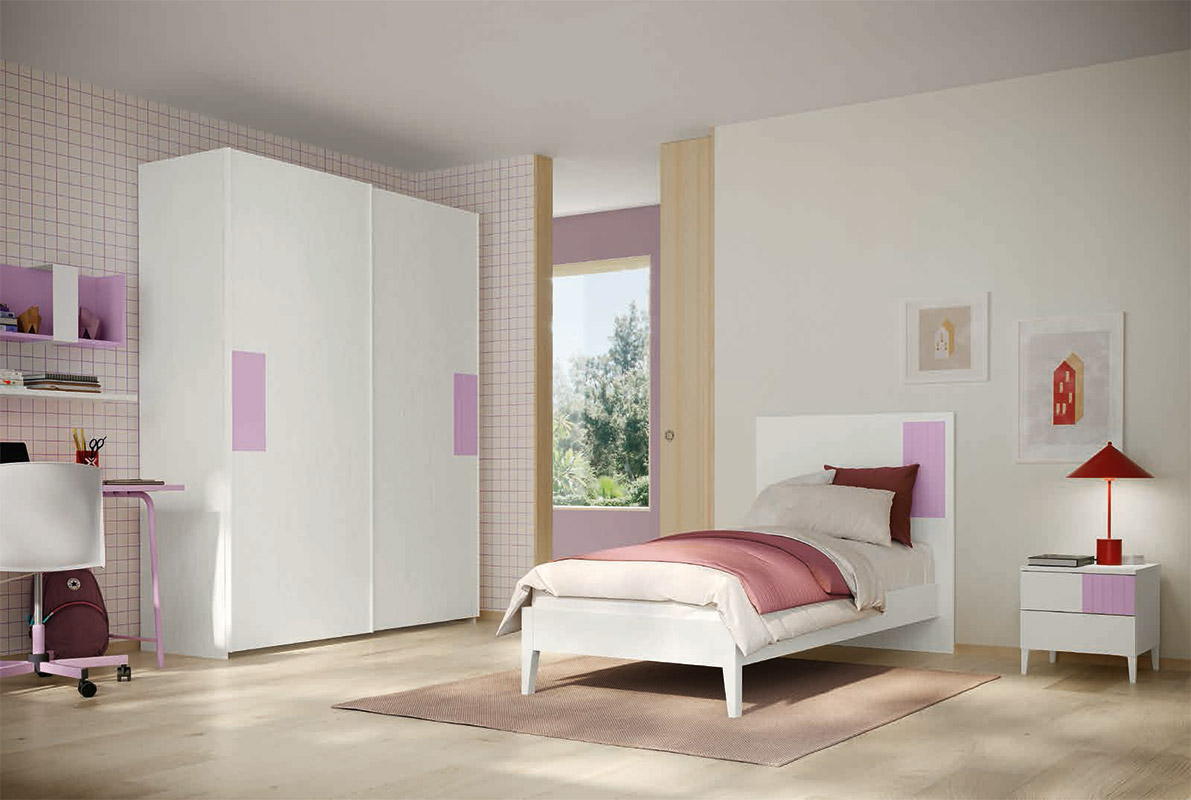 Cameretta ragazza Papaya e Rovere Bianco con armadio scorrevole
