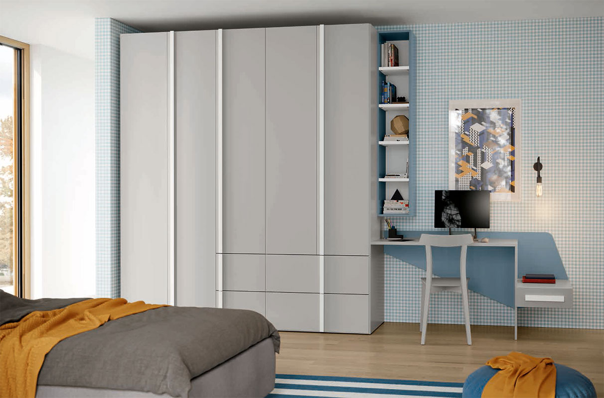 Cameretta ragazzo con letto imbottito e armadio battente Grigio dorian e Cadaques