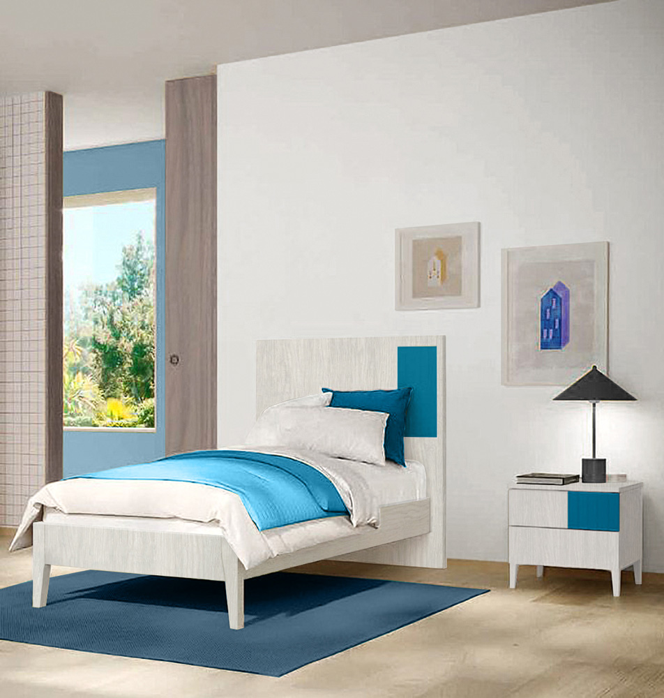 Letto singolo Rovere gesso con dettaglio Blu egeo