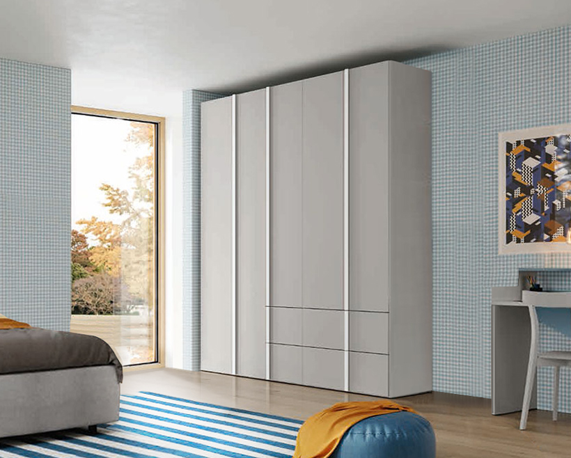 Armadio camerette a 5 ante e 4 cassetti, finitura Grigio dorian 