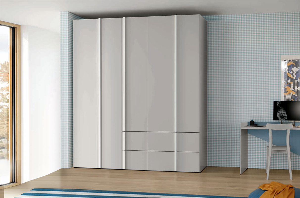Armadio camerette a 5 ante e 4 cassetti, finitura Grigio dorian 