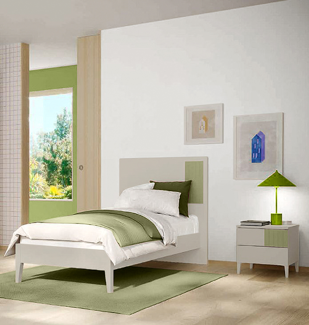 Letto singolo Grigio dorian con dettaglio Oliva