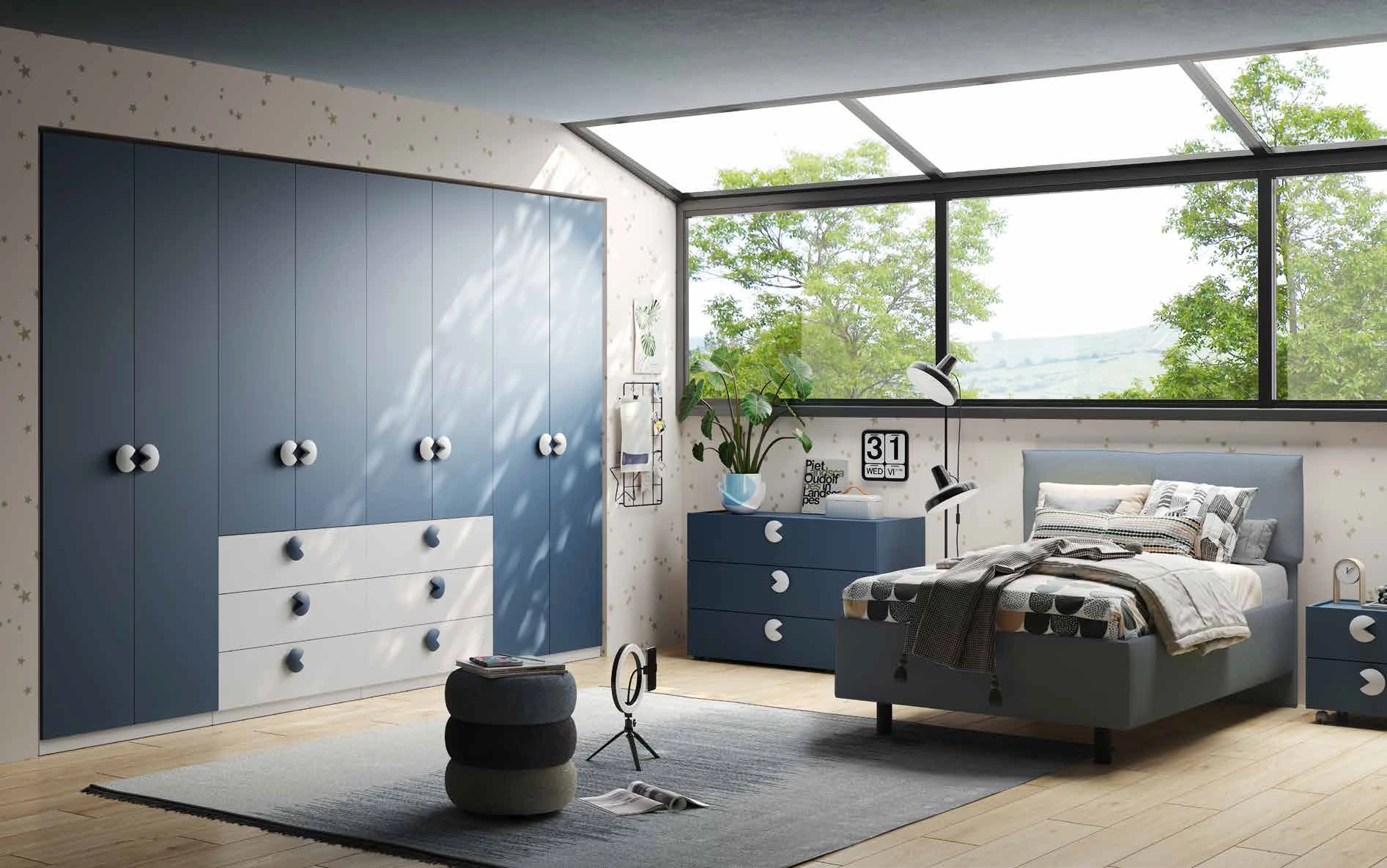 Cameretta ragazzi con armadio, letto e comodino, Bianco opaco e Blu navy