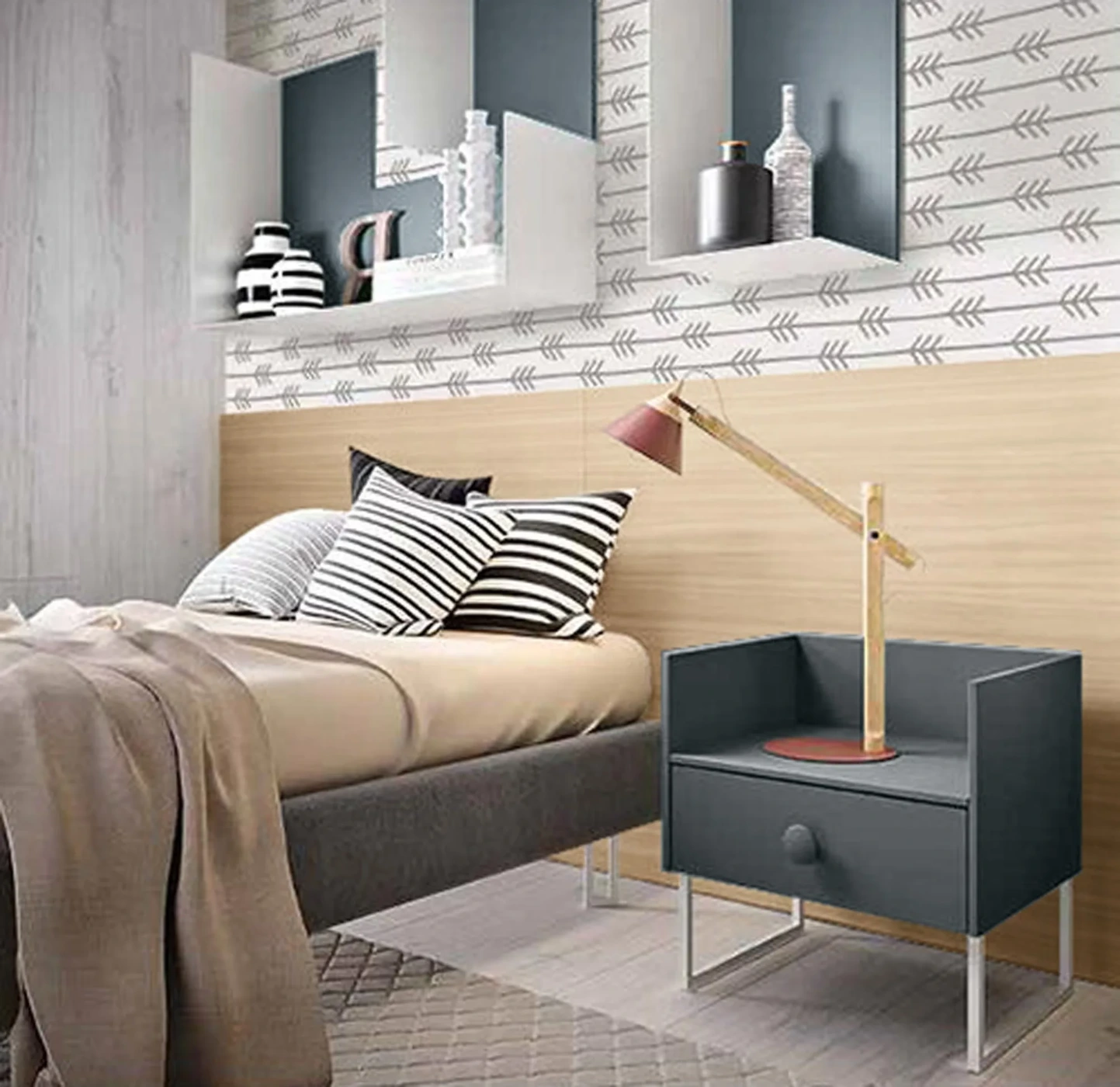 Cameretta ragazzi con armadio battente, finitura Rovere ambra e Blu reale