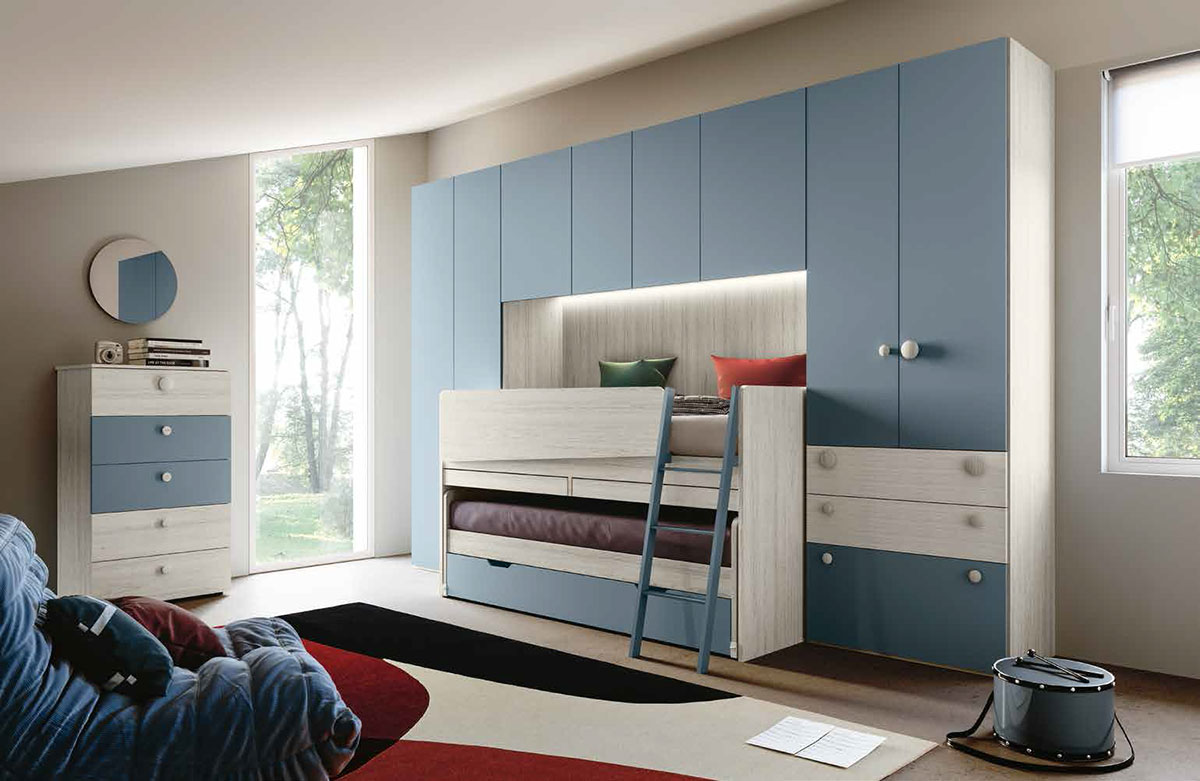 Letto multifunzionale 3 posti con scrivania, finitura Bianco altea e Carta da zucchero