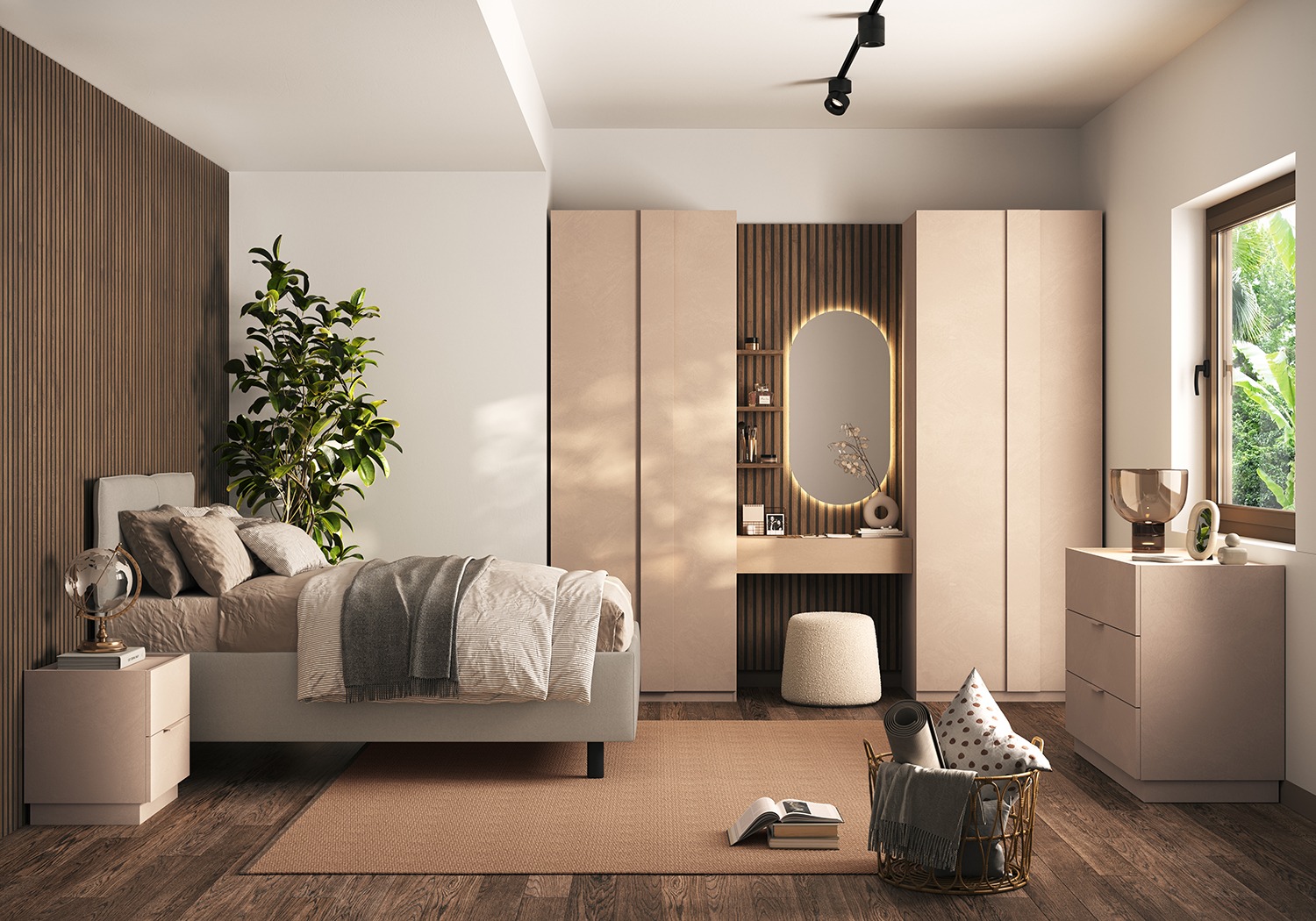 Armadio 4 ante con zona make-up, Cashmere e Mercure cannettato