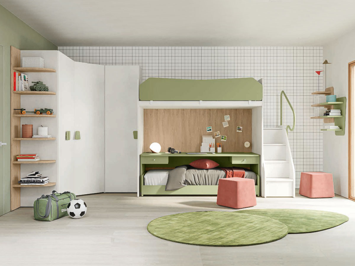 Cameretta con a letto castello e armadio angolare, finitura Cemento artico, Oliva e Royal oak