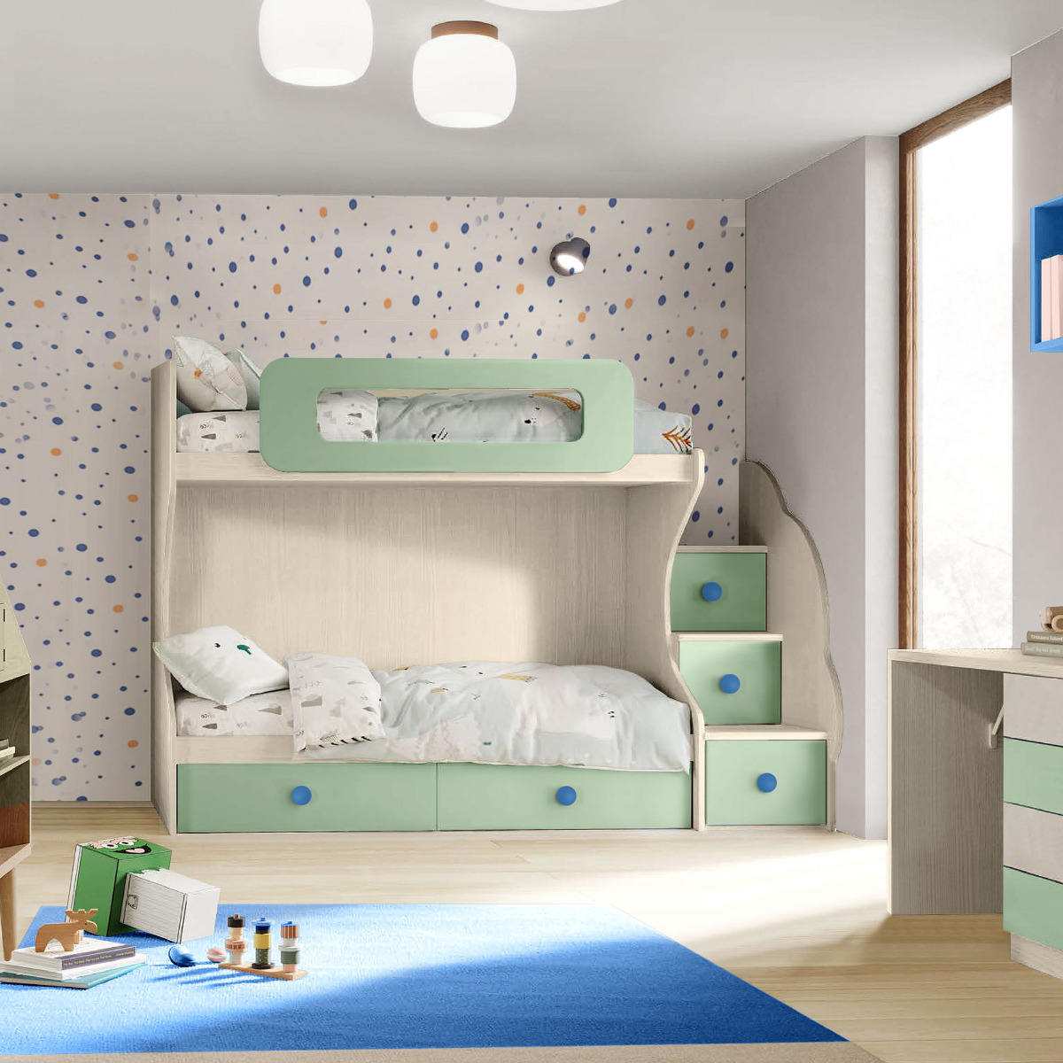 letto con scaletta cassettoni verde