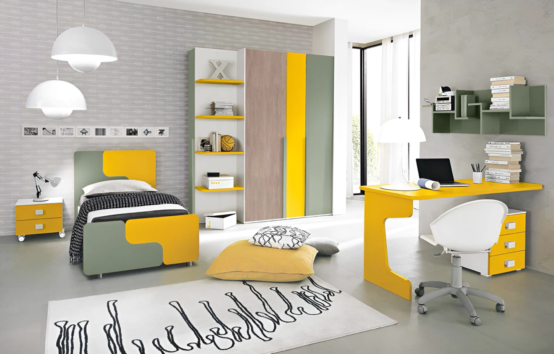 Camera completa per ragazzi in Salvia, Girasole e Gessato canapa