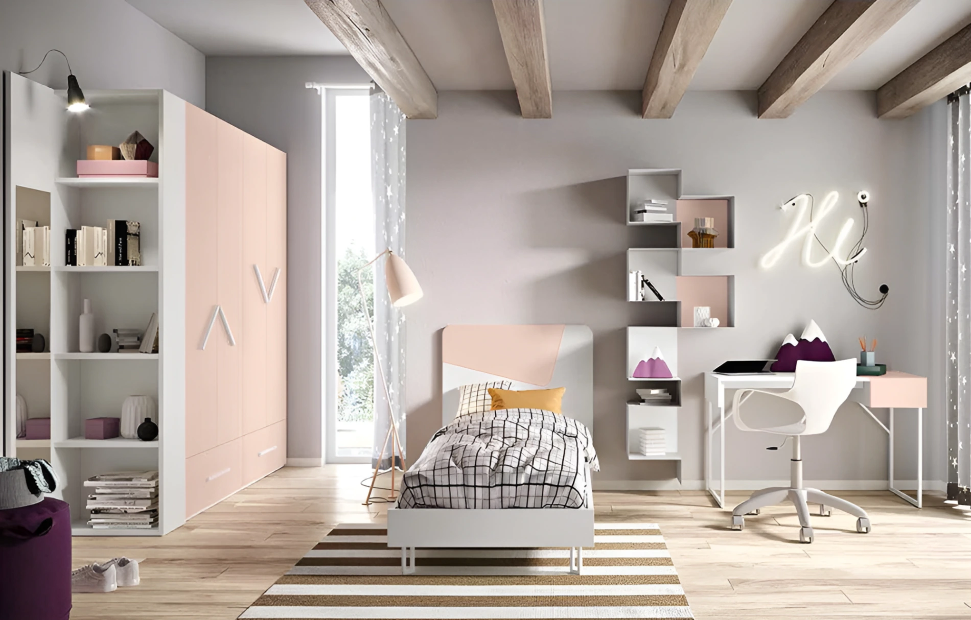 Cameretta completa bambina  in finitura Bianco frassino e Peonia Zenzero Shop