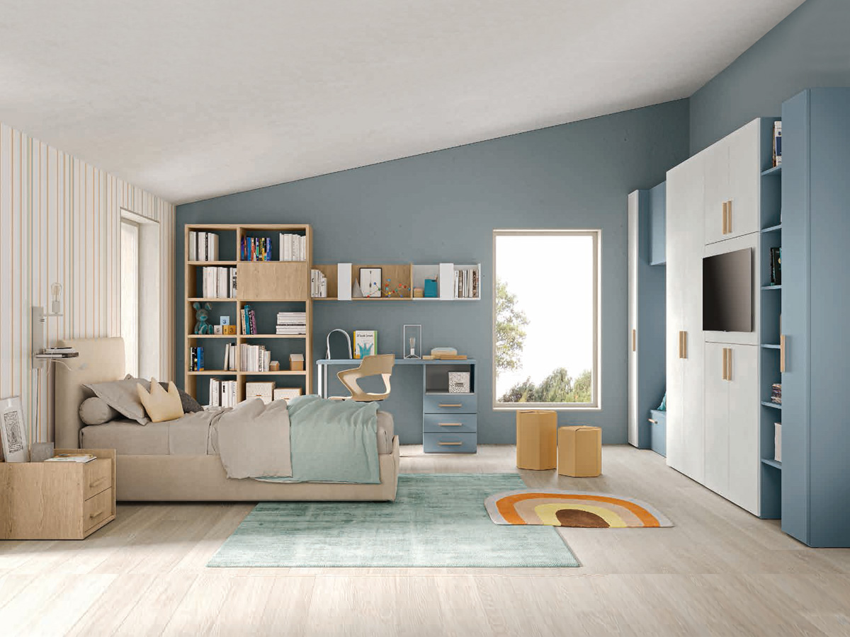 Armadio con porta tv e libreria, finitura Cemento artico, Cadaques e Royal oak