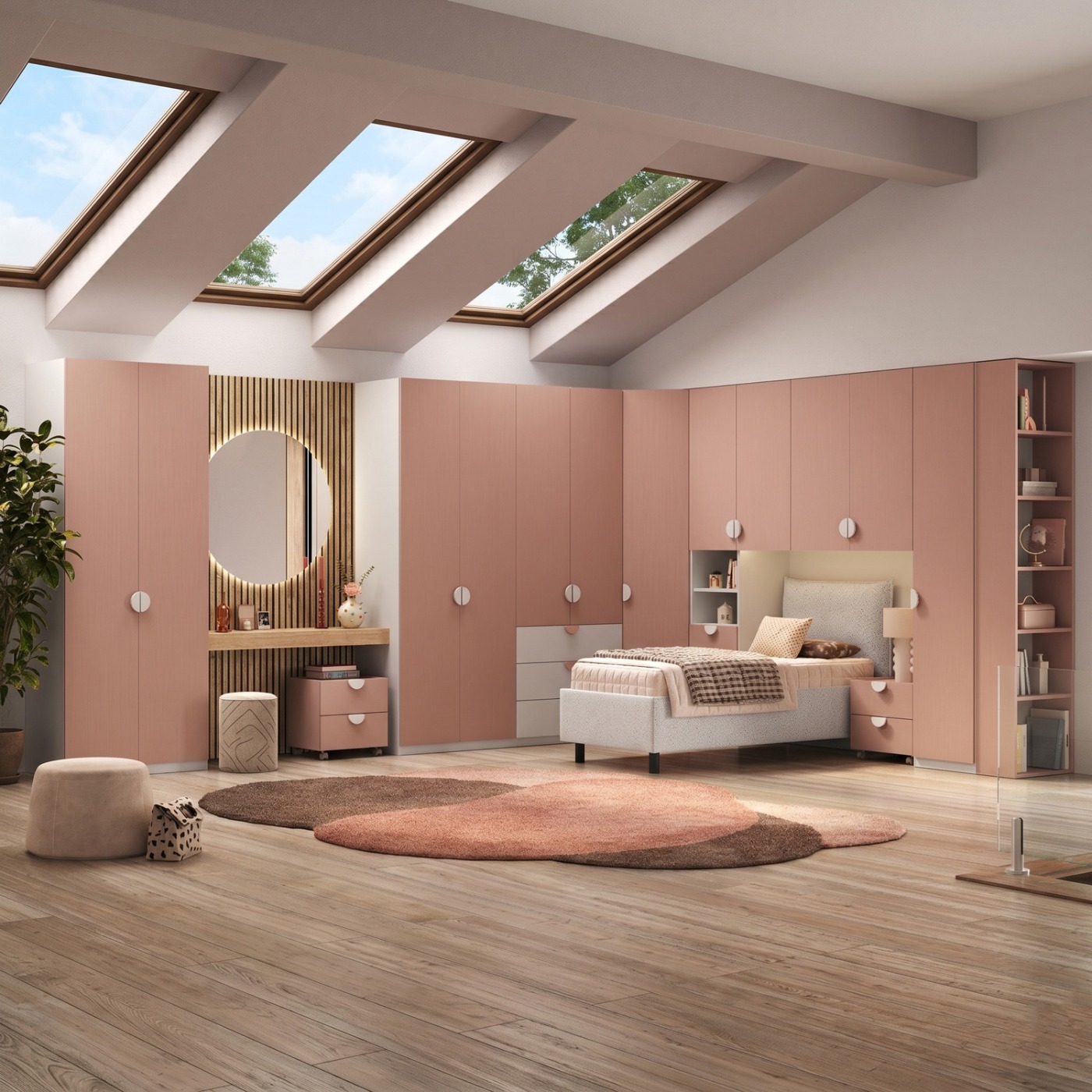 Cameretta a ponte angolare con letto singolo contenitore, Flamingo e Bianco
