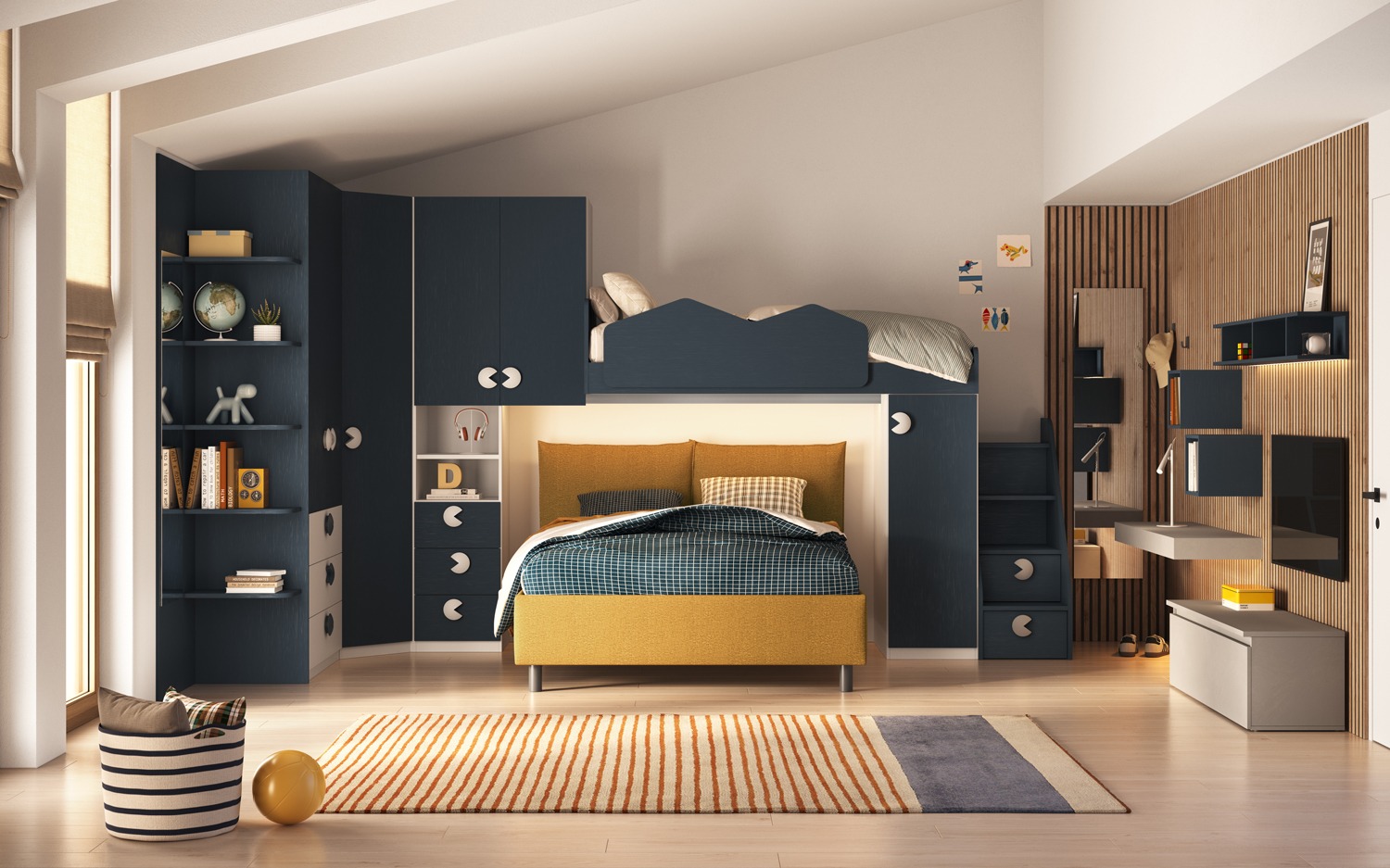 Cameretta soppalco con angolo, Bianco opaco e Blu navy