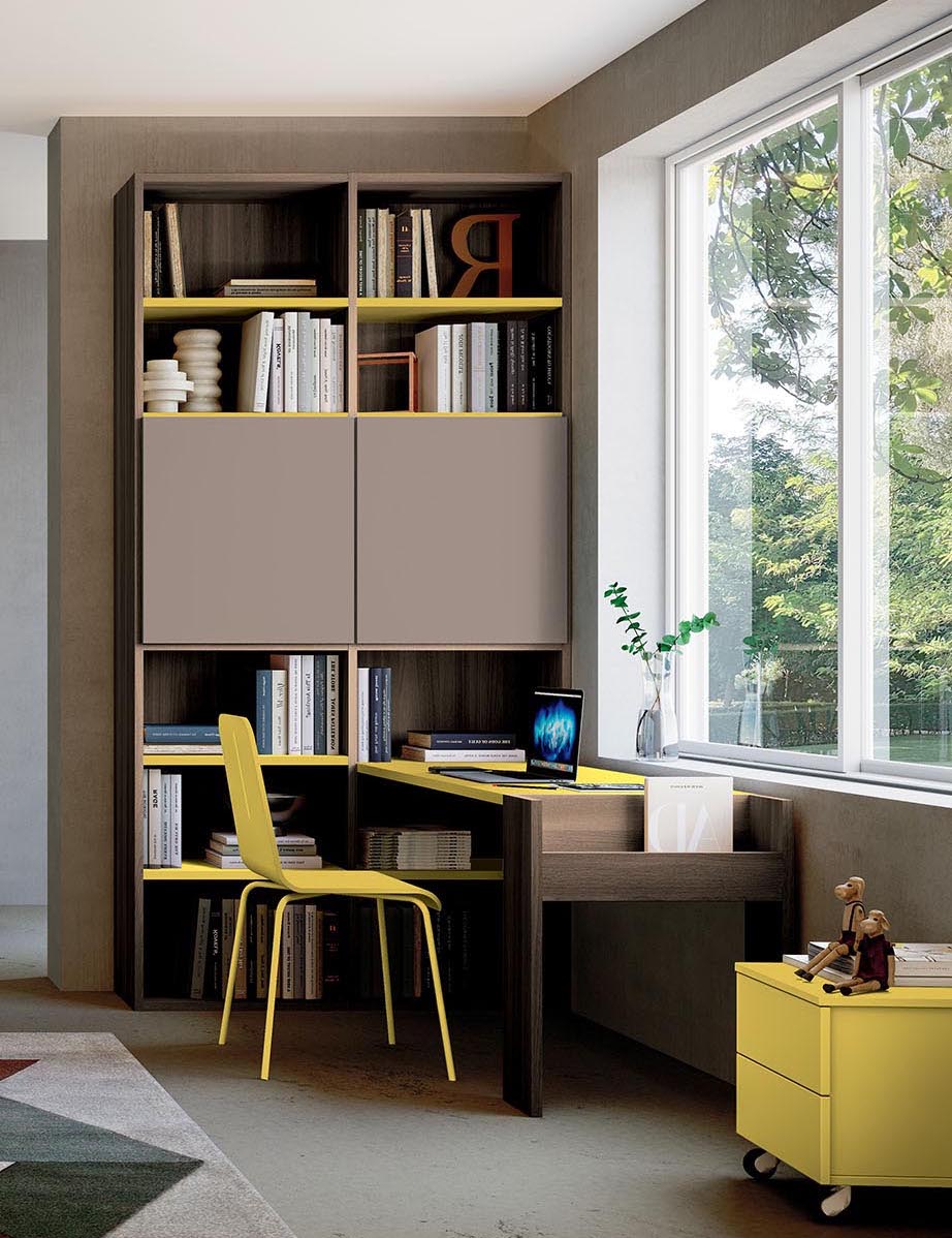 Zona studio per camerette, finitura Bronzo, Noce moro e Giallo cedro