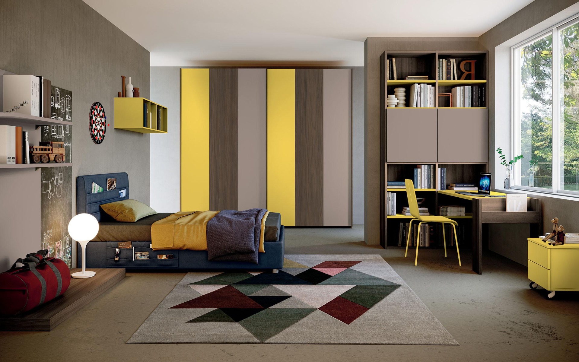 Cameretta bambini scontata, finitura Bronzo, Noce moro e Giallo cedro 